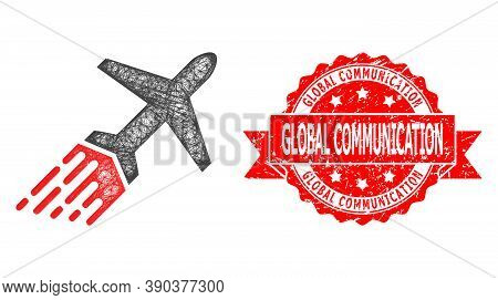 Network Air Liner Icon, And Global Communication Dirty Ribbon Stamp Seal. Red Stamp Contains Global 