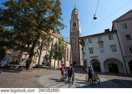 Merano, Italy, September 13, 2020 - View Of The Historic Center Of Merano With San Nicolò Cathedral,