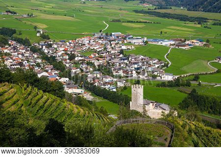 Aerial View Of The Historic Center Of Burgusio, Malles,  And The Prince's Castle, Val Venosta, South