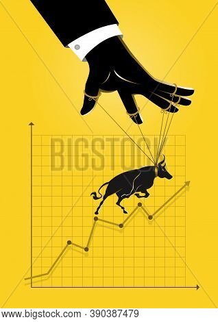 An Illustration Of A Puppet Master Controlling Bullish Stock Market Graphic Chart