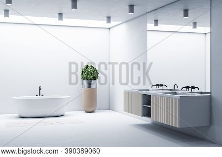 Cleen Bathroom With Mirror On Wall And Self Care Products. Style And Hygiene Concept. 3d Rendering