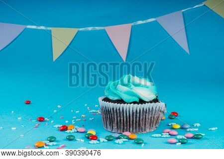 Chocolate Cupcake Decorated With Sugar Snowflakes, Colorful Candies