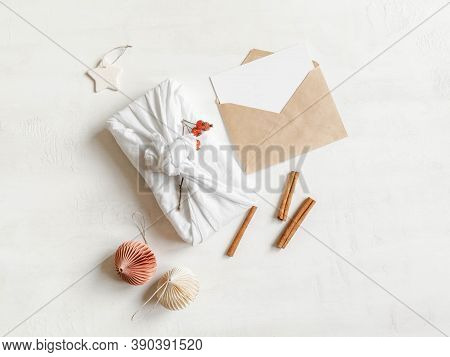 Eco-friendly Fabric Reusable Gift Nture Branch And Craft Envelope On White Background. Christmas Reu