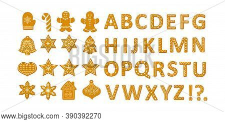 Gingerbread  Christmas Cookies Set With Stars Snowflakes Christmas Tree And Ginger Man And Alphabet 