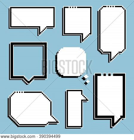 Collection Set Of Retro Game 8 Bit Line Pixel Speech Bubble Balloon Black And White Color With Shado