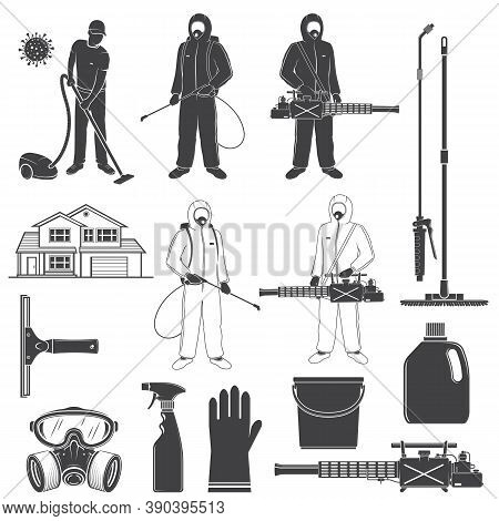 Man In Protective Suit, Gas Mask And Gas Cylinder For Disinfection Coronavirus. Vector Toxic And Che