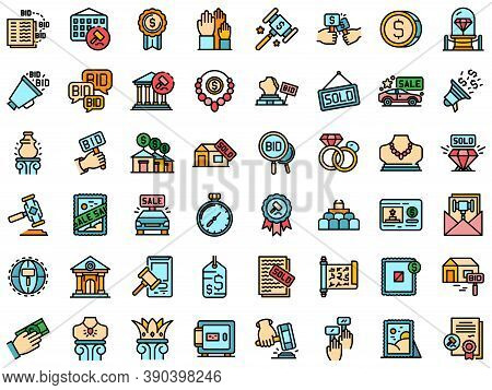 Auction Icons Set. Outline Set Of Auction Vector Icons Thin Line Color Flat On White