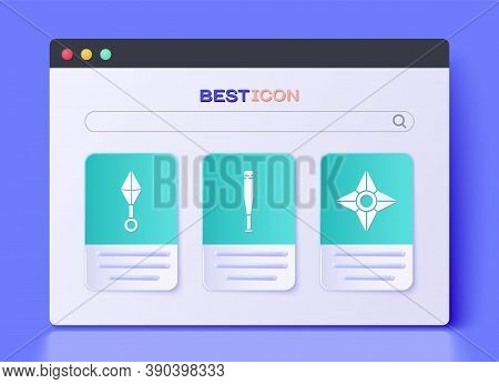 Set Baseball Bat, Japanese Ninja Shuriken And Japanese Ninja Shuriken Icon. Vector