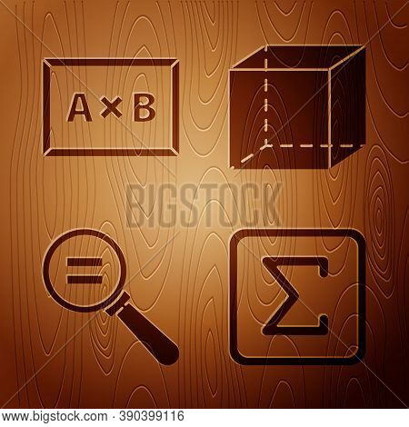 Set Sigma Symbol, Chalkboard, Calculation And Geometric Figure Cube On Wooden Background. Vector