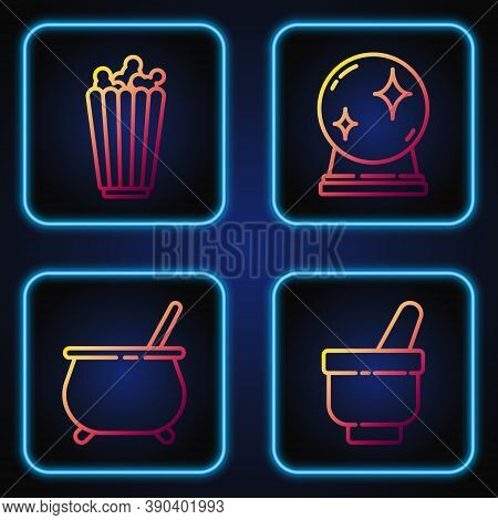 Set Line Magic Mortar And Pestle, Witch Cauldron, Popcorn In Box And Magic Ball. Gradient Color Icon