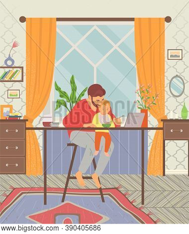 Young Bearded Father Sits With Baby In His Knees And Feeds Him Using Spoon. Dad Feeds Baby At The Ta