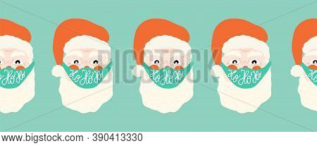 Christmas Coronavirus Vector Border Seamless. Santa Claus Wearing A Protective Face Mask Against Cov
