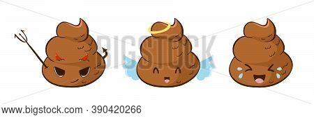 Vector Set Of Funny Poop Emoji Devil, Angel And Laughing. Cute Poo Emoticons With Different Expressi