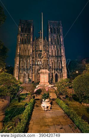 Gothic Church At Night,  St Joseph's Cathedral On Nha Chung Street Hanoi Vietnam