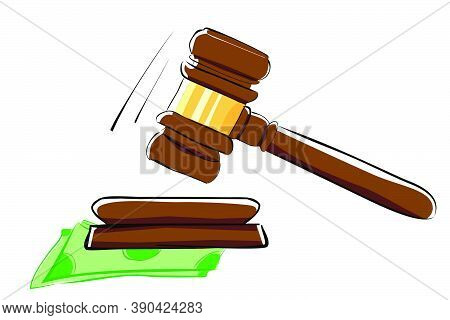 Illustration For Bribery Simple Flat Color, Gavel And Money, At White Background.