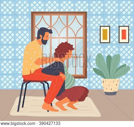 Pregnant Woman Is Squatting, Her Husband On Stool Holds Wife Under Arms. Woman In Long Term Pregnanc