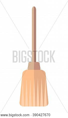 Broom, Short Brush Of Bound Straw With Brown Plastic Or Wooden Handle. Simple Flat Image Home Cleani