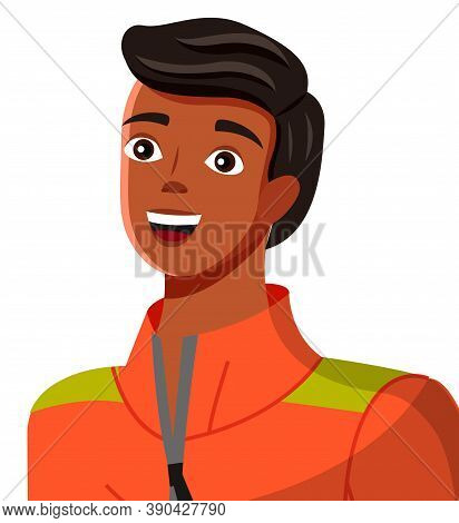 Young Tanned Guy Smiles, Close Up. Young Man In Jacket Isolated On White. Cartoon Character, Blogger