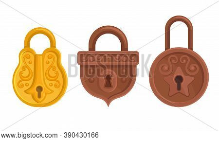 Golden And Copper Padlock With Keyhole As Security Mechanism Vector Set