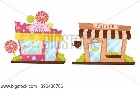 Shop Window Or Store Front With Candy Shop And Coffee Sign Vector Set