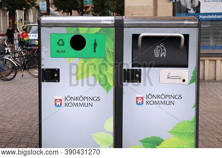 Jonkoping, Sweden - August 25, 2018: Bigbelly Trash Compacting Public Space Waste Bin In Jonkoping S