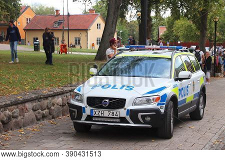 Linkoping, Sweden - August 25, 2018: Swedish Police Volvo Car In Linkoping, Sweden. Swedish Police (
