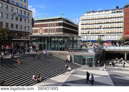 Stockholm, Sweden - August 23, 2018: People Visit Sergels Torg Square In Norrmalm District, Stockhol