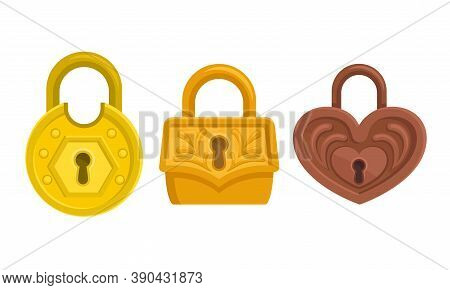 Golden And Copper Padlock With Keyhole As Security Mechanism Vector Set