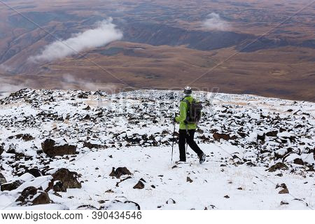 Aragats, Armenia - October 11, 2018: Tourist On The Way To The Crater Of Mount Aragats, Northern Sum