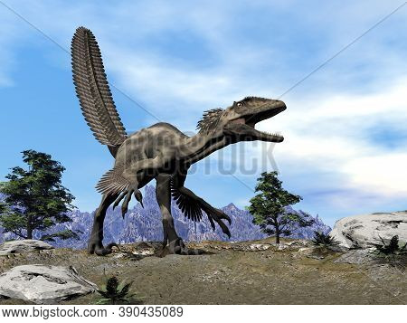 Deinonychus Dinosaur Roaring By Day -3d Render