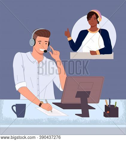 Man Operator Of Call Center Or Hotline Working. Consultant With Headset And Computer Talking With Cu