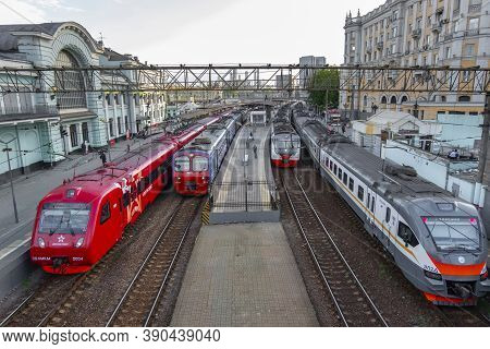MOSCOW, RUSSIA - MAY, 2019: Electric train  at the platform of the Belorussky railway station in Mos