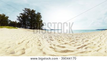 Panorama of a tropical beach with white sand and green trees on the coast. Bang Tao beach of Phuket island, Thailand