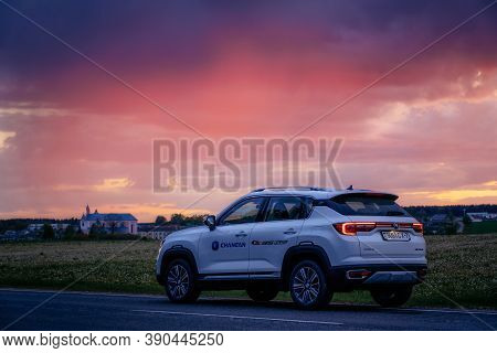 Kreva, Belarus - June 1, 2020: Changan Cs35 Plus Is Parked On Road At Sunset