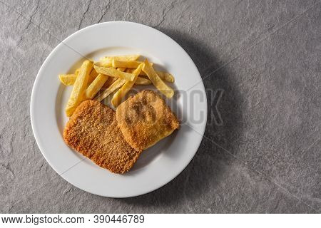 San Jacobo Steak Filled With Cheese And Ham On Gray Stone.top View.copy Space