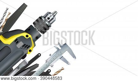 3d Angular Composition Of Set Tools Of Locksmith, Hand Metalworking And Locksmithing, Isolated On Wh