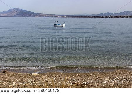 Panoramic View Of The Sea, Mountains And A Moored Boat On A Summer Day (greece, Salamina Island)