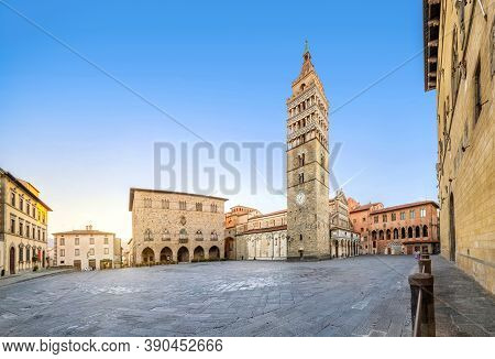 Pistoia, Italy. Panorama Of Piazza Del Duomo Square With Old Town Hall And Cathedral Of San Zeno On 
