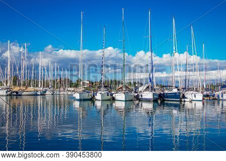 Corfu Island/greece- May 5, 2019: View Of Beautiful Gouvia Port Marina - Calm Sea, White Yachts And 