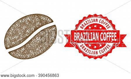 Net Coffee Bean Icon, And Brazilian Coffee Grunge Ribbon Stamp Seal. Red Stamp Seal Contains Brazili