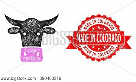 Wire Frame Cow Head Icon, And Made In Colorado Grunge Ribbon Seal Print. Red Stamp Contains Made In 