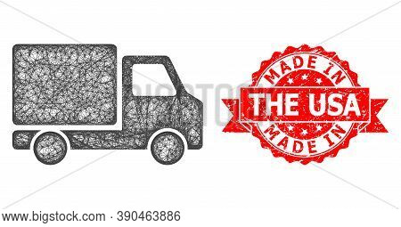 Wire Frame Delivery Car Icon, And Made In The Usa Rubber Ribbon Stamp Seal. Red Seal Includes Made I
