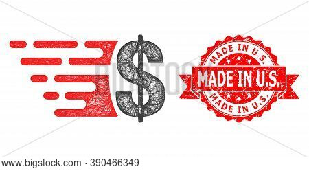 Network Dollar Icon, And Made In U.s. Textured Ribbon Seal Print. Red Seal Has Made In U.s. Title In