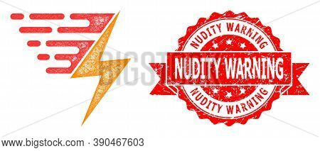 Wire Frame Electric Power Icon, And Nudity Warning Textured Ribbon Stamp Seal. Red Stamp Seal Has Nu