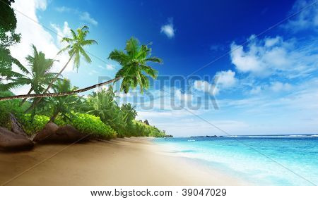 stranden i solnedgang tid på Mahe island Seychellerne