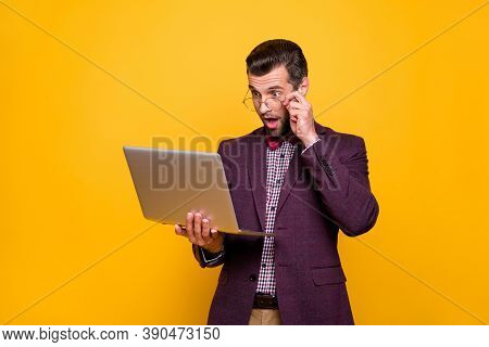 Photo Of Handsome Rich Clothes Outfit Guy Hold Notebook Hands Read News Email Startup Success Invest