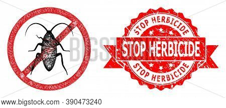 Net Forbidden Cockroach Icon, And Stop Herbicide Corroded Ribbon Stamp Seal. Red Stamp Seal Includes