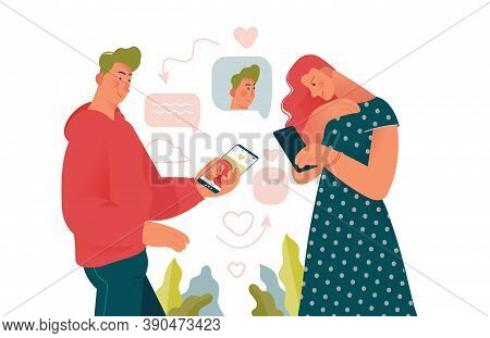 Young Beauty Man And Woman Loking For A Couple In Dating Mobile App. Online Dating Creative Concepts