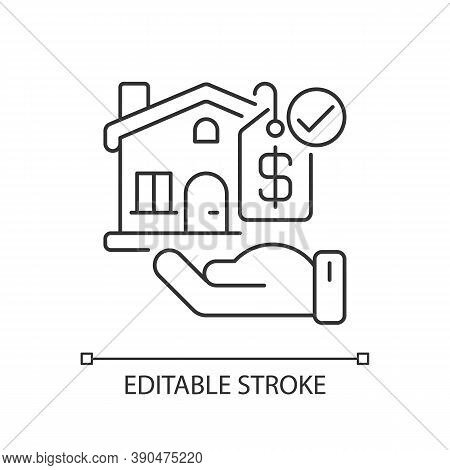 Villa Pixel Perfect Linear Icon. Home With Price Tag. Mortgage For Buying Accommodation. Thin Line C