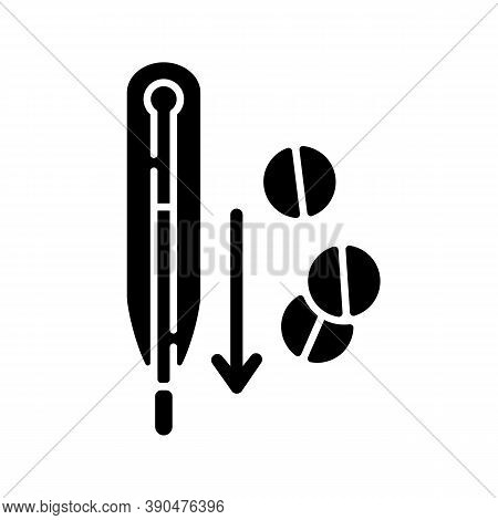 Fever Reducer Pills Black Glyph Icon. Drugs For Flu Treatment. Remedy For Temperature. Medication Fo
